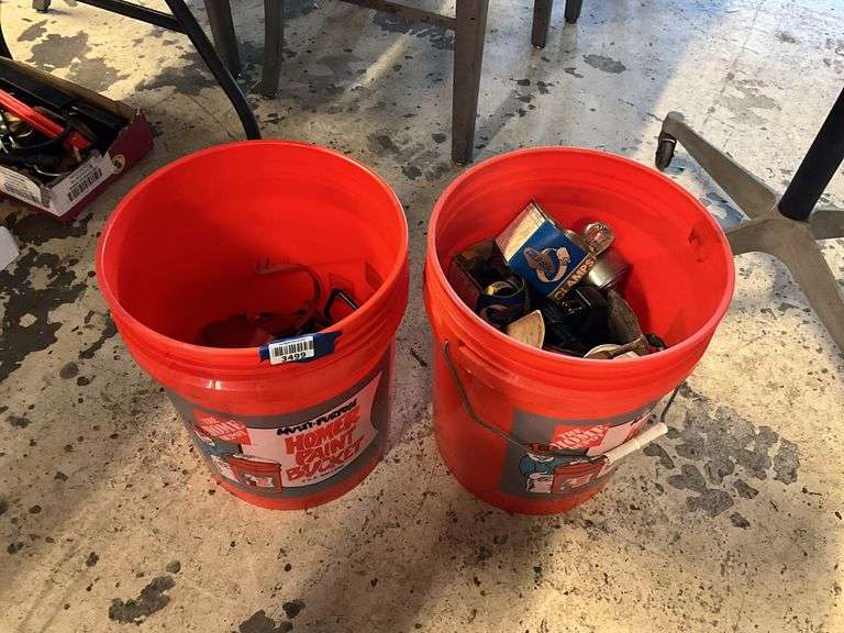 Lot to include two 5 gallon buckets with clamps, trowel, and more!