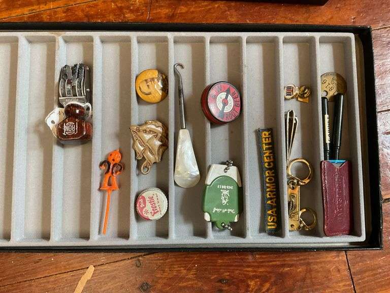 Small collectibles: McKinley button, Halloween cupcake pick, button hook, misc