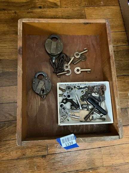 Railroad style padlocks, keys, clock keys