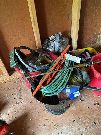 Coal bucket, plastic buckets, extension cord, bar clamp, paint roller, misc