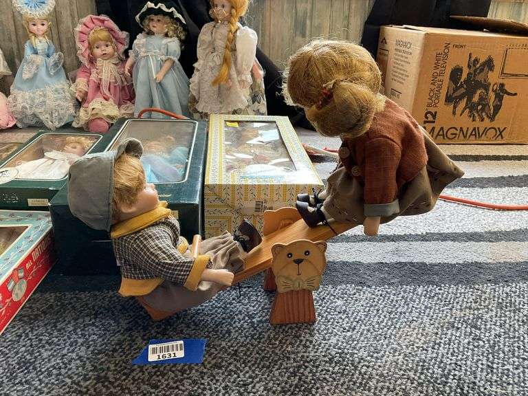 Vintage doll in box, collector dolls in boxes, dolls on see-saw