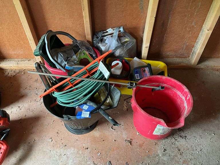 Coal bucket, plastic buckets, extension cord, bar clamp, paint roller, misc