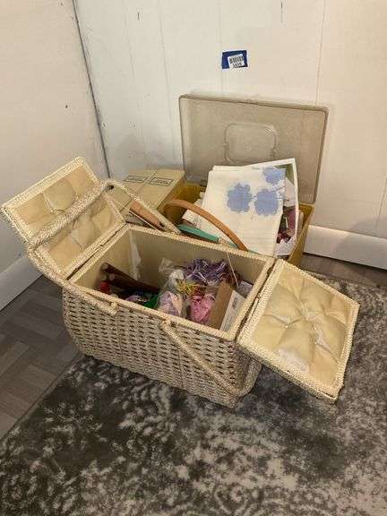Sewing basket and box w/ embroidery supply contents