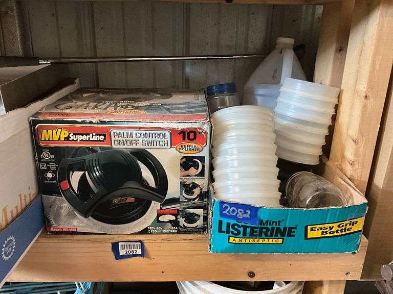 Contents of shelf: drywall supplies, buffer, plasticware