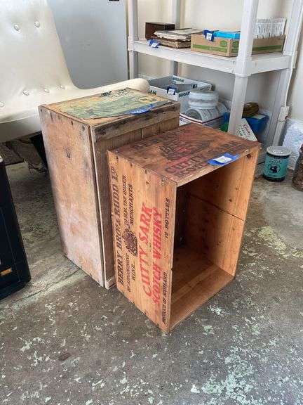 Two wooden advertising crates: Life Pears and Cutty Sark Whisky