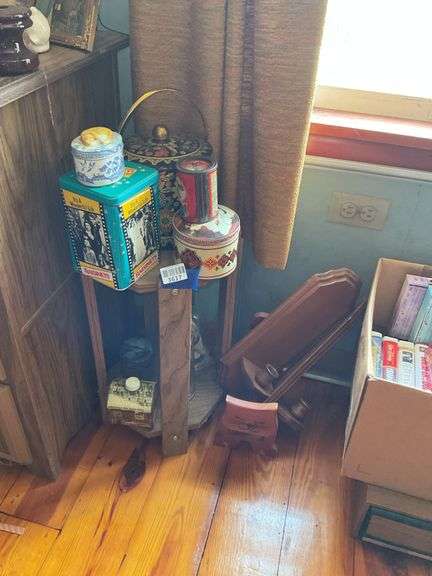 Plant stand, decorative tins, wooden candle sconces, wooden cat, misc