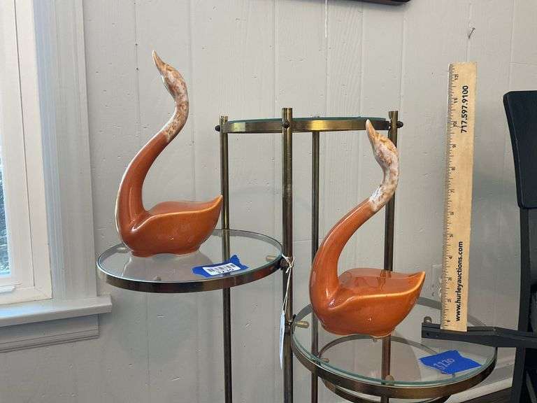 MCM mid-century modern pair of pottery stylized swan figures