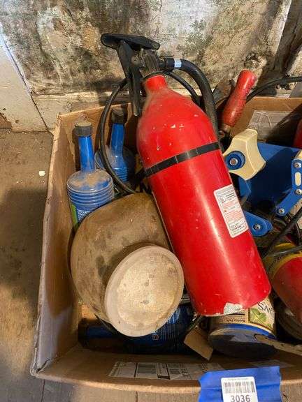 Two Craftsman shop vacs, fire extinguishers, package tape handle