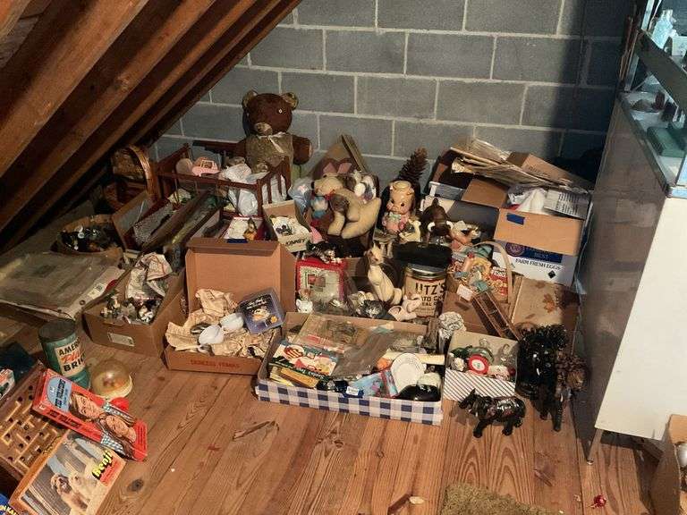 Large collectibles discovery lot: bottles, toys, figurines, misc