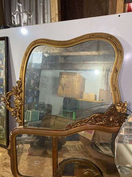 Mirrors lot: gilt Rococo framed, triple buffet mirror, round beveled, oval elephant frame