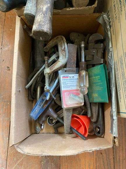 Wooden level, single tree, mallet and hammers, misc tools