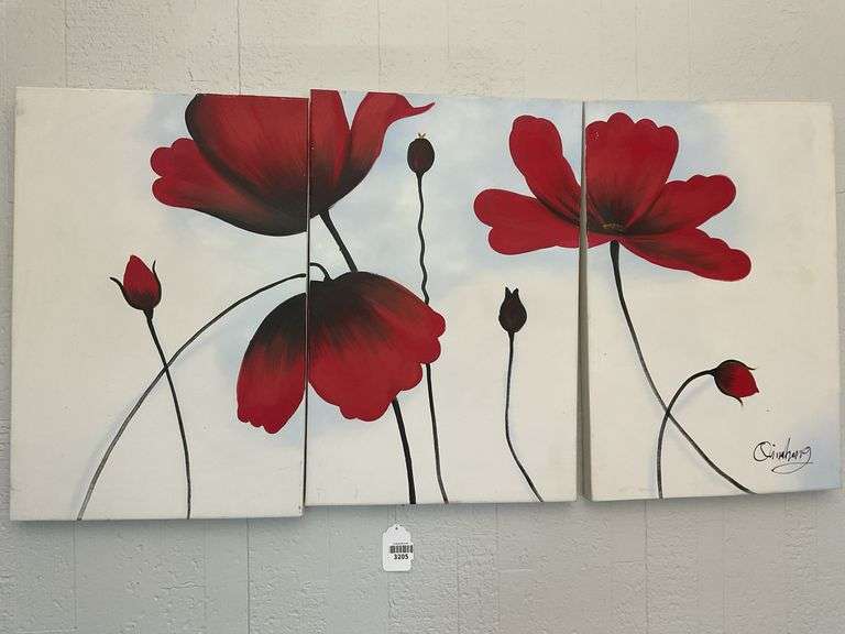 Triptych oil on canvas floral paintings, signed 47 1/2 X 23 1/2