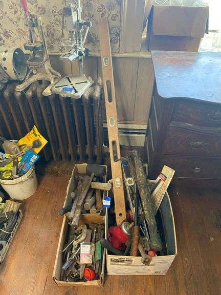 Wooden level, single tree, mallet and hammers, misc tools