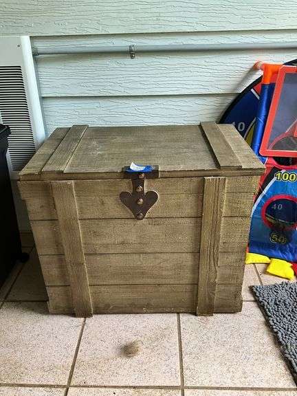 Wooden storage chest w/ boots contents 25x16x20