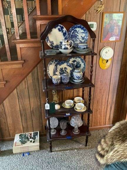4-tier etagere w/ arched top and turned legs - no contents 20.5x11.5x58, ***MUST COME DURING LAST 1.5 HOURS OF PICKUP TO RETRIEVE THIS ITEM.