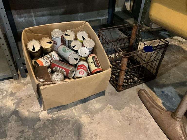 Vintage beer can collection, metal milk crate