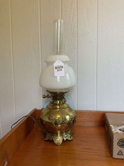 Victorian brass tone oil lamp w/ white glass shade, electrified 21 IN