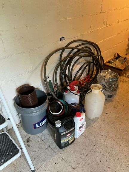 Weed killer, sprayers, flowerpots, garden hose, misc