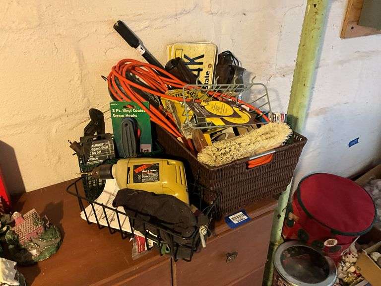 Black & Decker drill, drill bits, trouble light, scrub brush, basket, misc