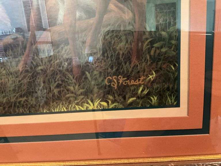 CS Forest print, doe and fawn, framed 23x27