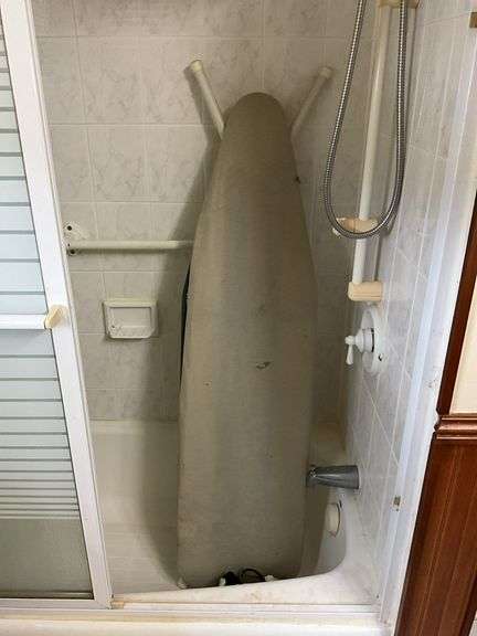 Contents of bathroom: iron, ironing board, rolling stand, waste basket, craft supplies, lightbubls