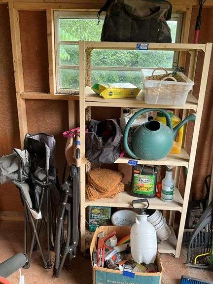 Shelf unit w/ lawn/garden supply contents, tool bag, folding chairs