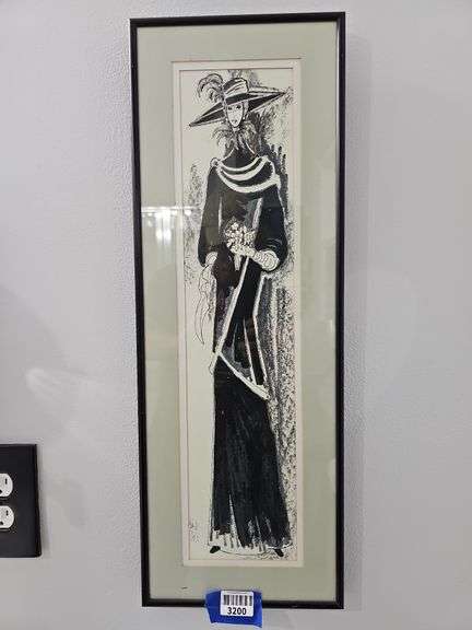 Paul Calvo lady fashion print, framed 9 X 26