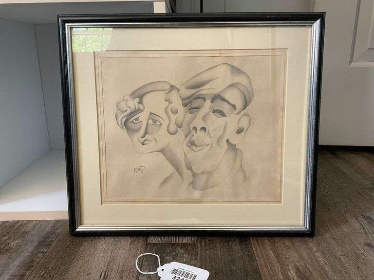 Nevil P/Nevitt art print, stylized male & female heads, framed 15 1/2 X 14