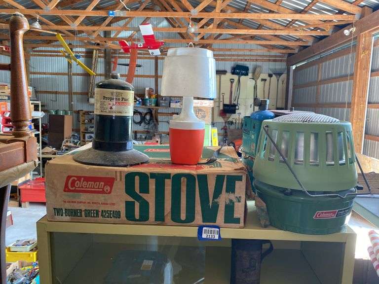 Coleman camping stove and catalytic heater, propane lantern, battery lamp, propane fuel