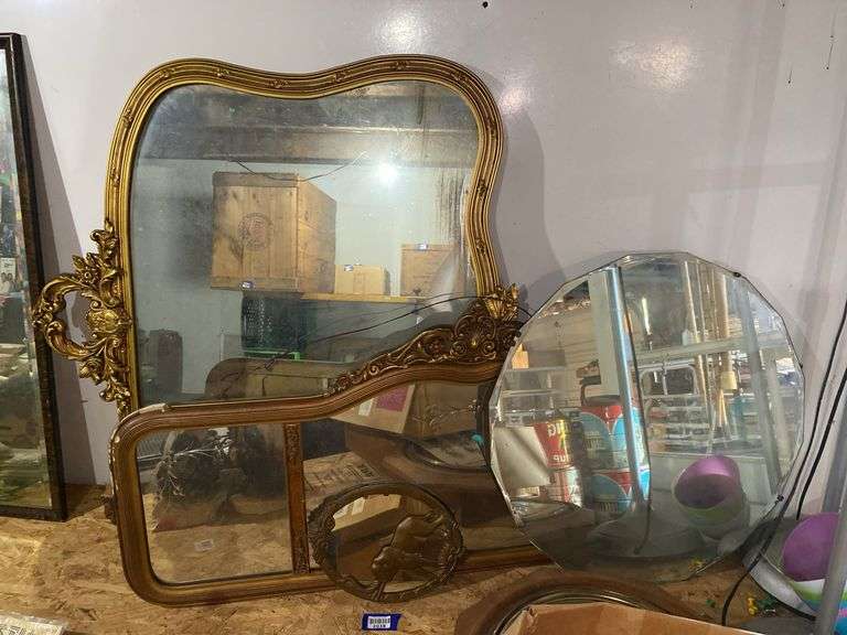 Mirrors lot: gilt Rococo framed, triple buffet mirror, round beveled, oval elephant frame