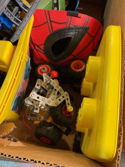 Cosplay Master Chief and Catboy masks, Spider-Man mask, Jurasic World helicopter, assorted toys