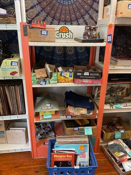 Crush soda advertising store display shelf 54 in x 29 in x 19 in - no contents, MUST COME DURING LAST 2 HOURS OF PICKUP FOR THIS ITEM.