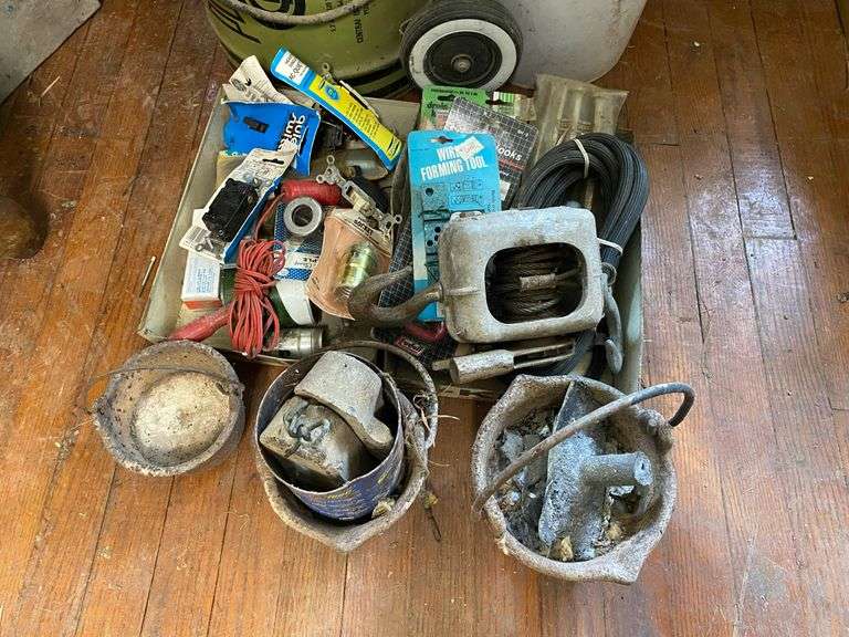 Pipe vise, drill press stand, lead melting pots, french fry cutter, misc