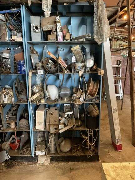 Metal shelf unit and contents: electrical, lamp parts 80 x 36 x 19