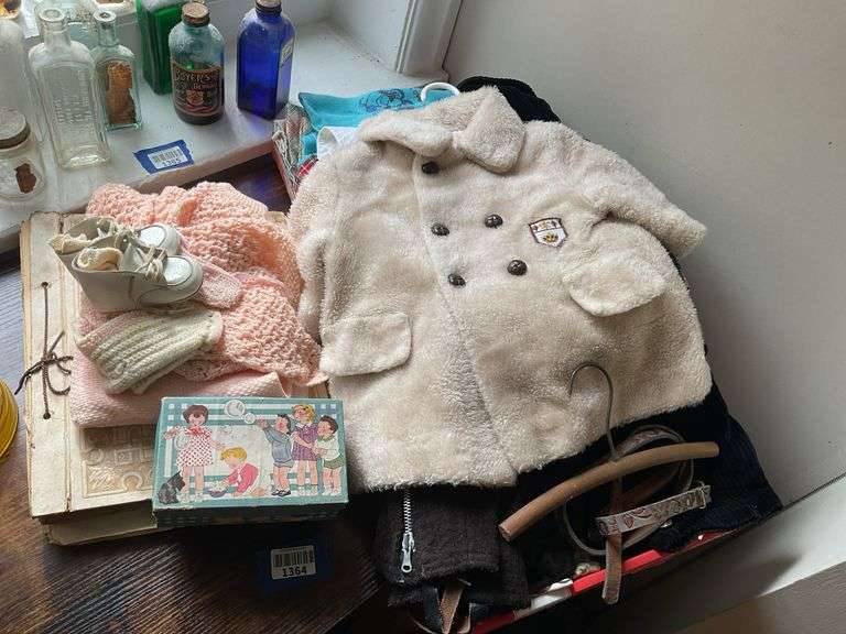 Vintage baby clothes, child’s coat, clothing and shoes, scrapbook