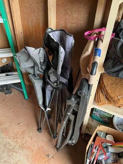 Shelf unit w/ lawn/garden supply contents, tool bag, folding chairs