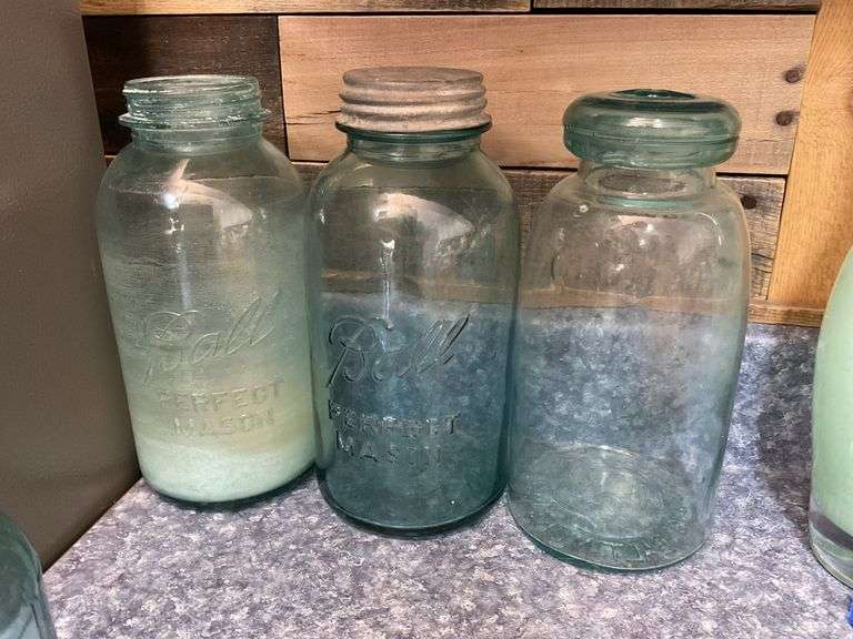 Blue glass canning jars, some w/ glass clamp tops