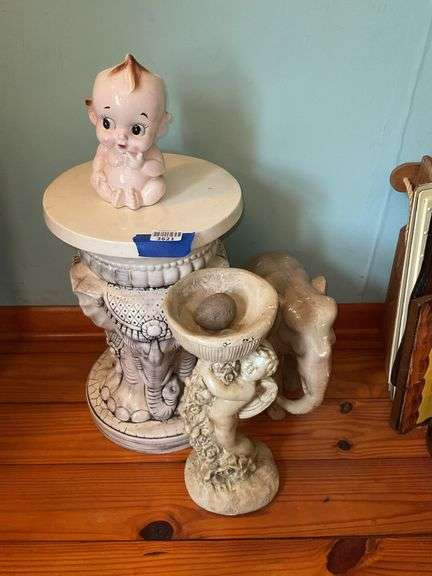 Ceramic elephants garden seat, elephant figure, Kewpie planter, cherub vase