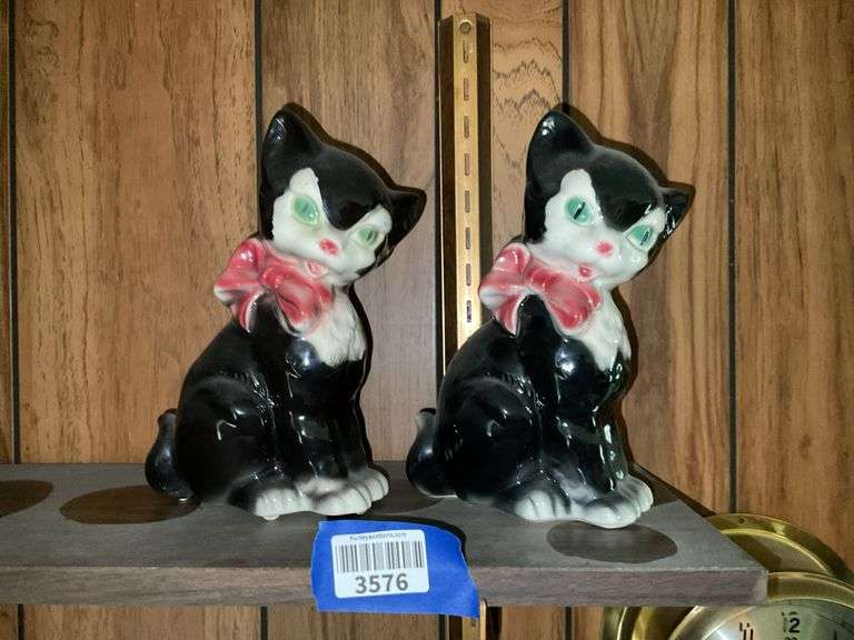 Two vintage pottery figural kitten planters