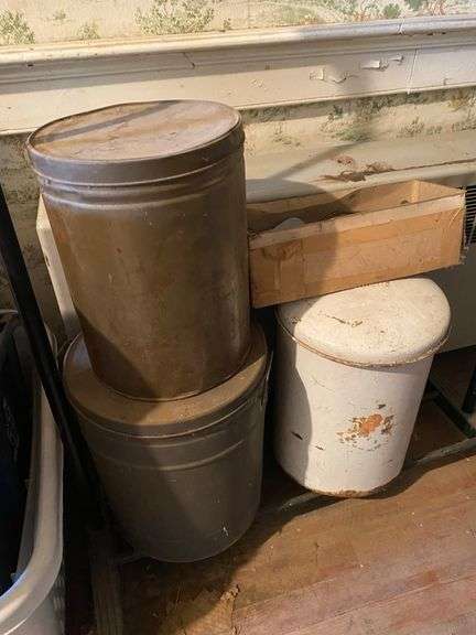 Garment rack, plasticware, tins, curtain rods, buckets, misc