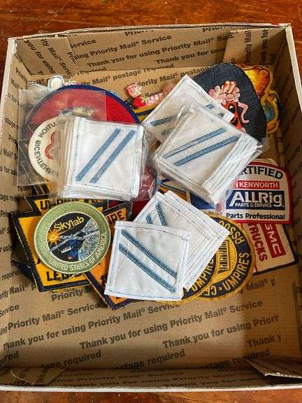 Patches including: Navy Seaman Apprentice, advertising, school letters