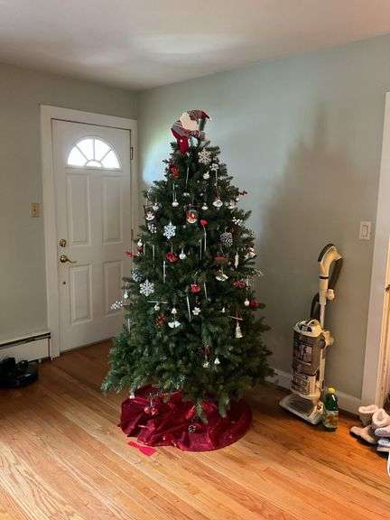 Faux Christmas tree w/ ornaments and tree skirt