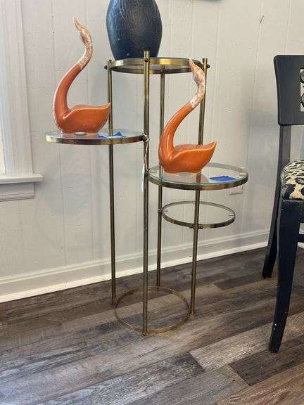 4-tier brass tone and glass display pedestal - no contents 31 IN H