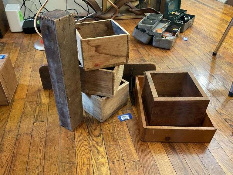 Wood and iron bracket shelf, and various wooden boxes