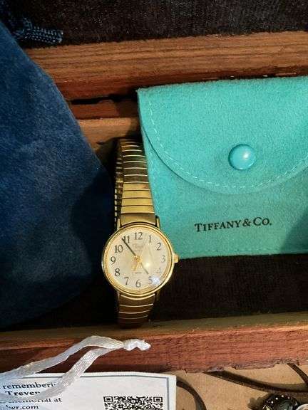 Wooden jewelry box, Timex watch, Tiffany & Co pouch, necklaces, pendants