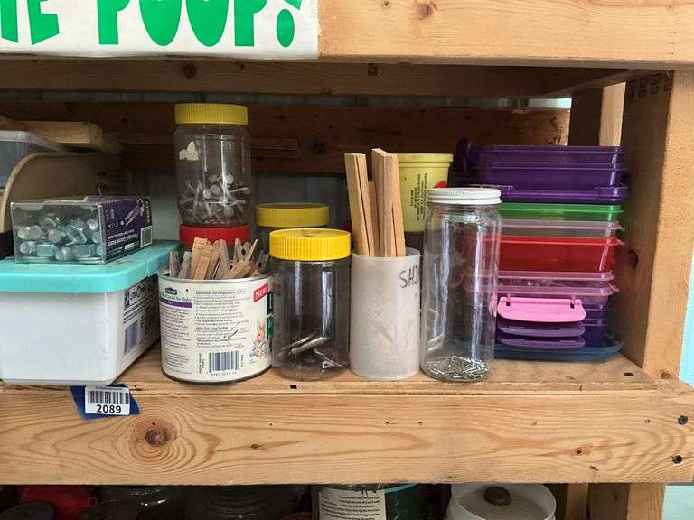 Contents of two shelves: hardware, misc