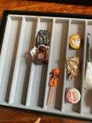 Small collectibles: McKinley button, Halloween cupcake pick, button hook, misc