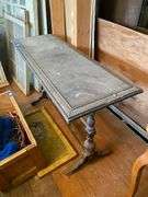 Double pedestal library table w/ carved top edge, spindled stretcher 48x17x30
