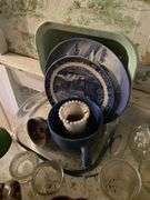 Vintage 3-tier utility cart and contents: vintage dishes and glassware, planters