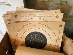 Base cabinet w/ formica top, NRA pistol targets, shot shells 20.5x17x28